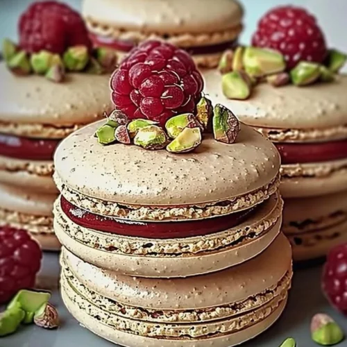 Delicious Raspberry Pistachio Macarons on a decorative plate