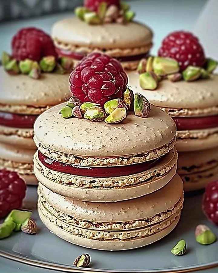 Delicious Raspberry Pistachio Macarons on a decorative plate