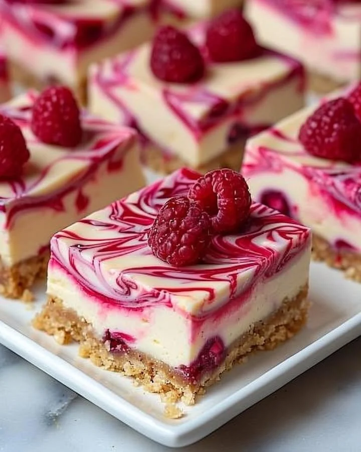 Raspberry Swirl Cheesecake Bars with a creamy texture and vibrant raspberry topping.