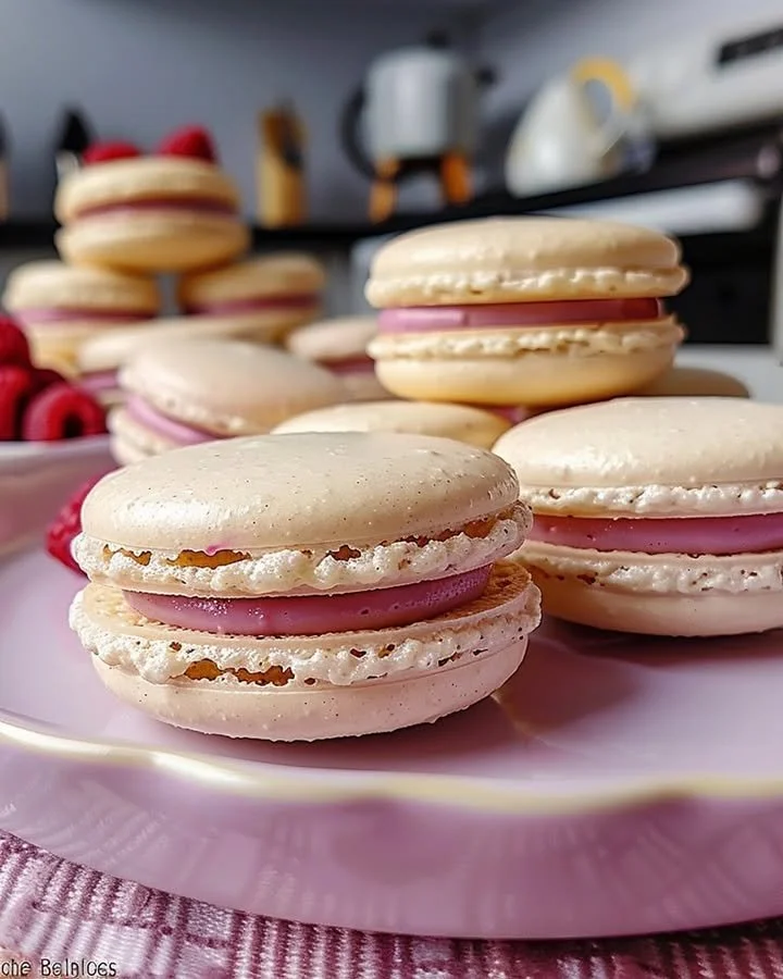 Raspberry White Chocolate Macarons on a decorative plate