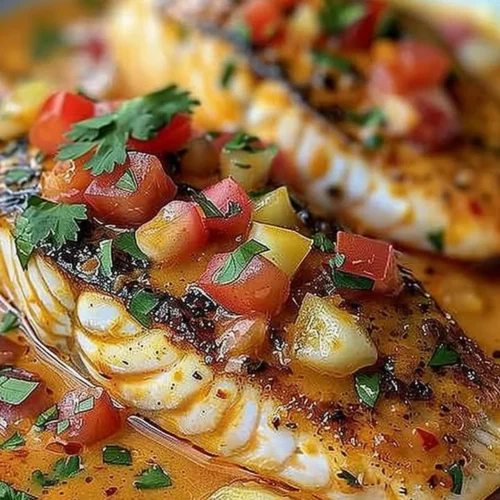 Red Snapper fillet served with creamy Creole sauce on a plate
