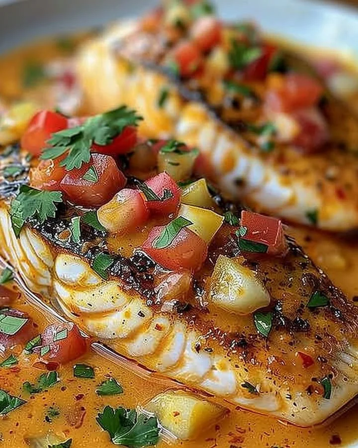 Red Snapper fillet served with creamy Creole sauce on a plate