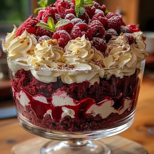 Red Velvet Cake Trifle with creamy layers and chocolate shavings