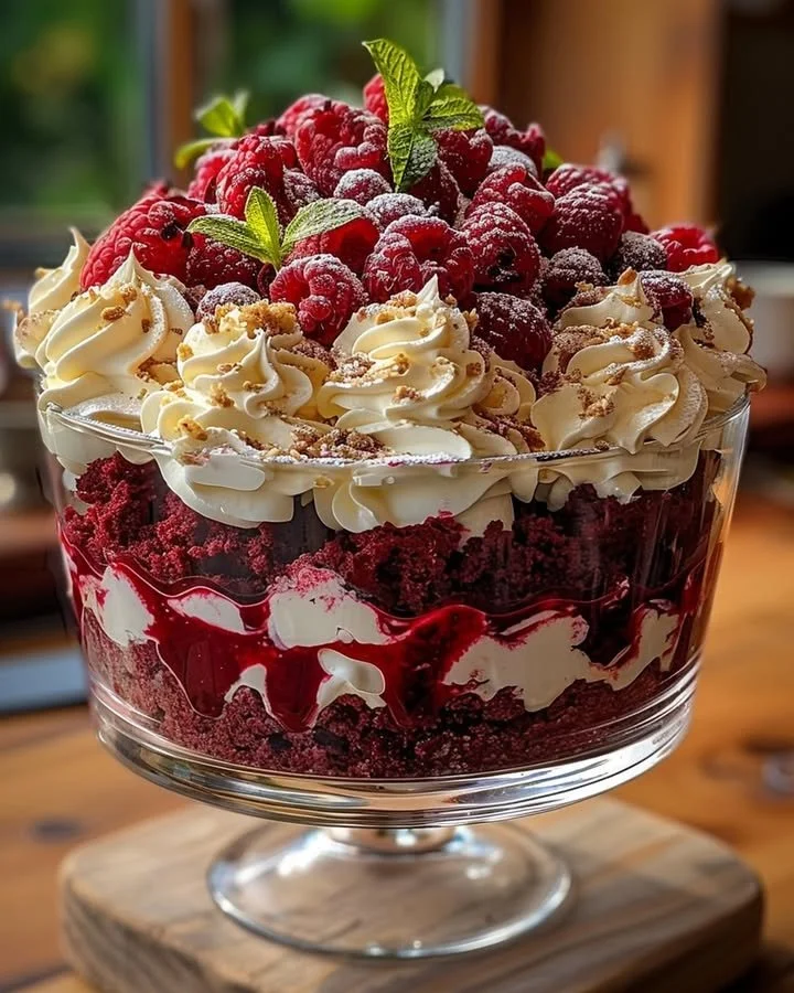 Red Velvet Cake Trifle with creamy layers and chocolate shavings