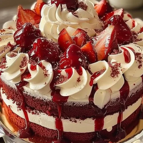 Red velvet cake topped with rich cream cheese frosting served on a white plate