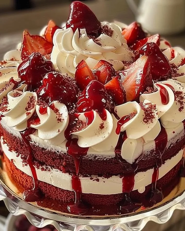 Red velvet cake topped with rich cream cheese frosting served on a white plate