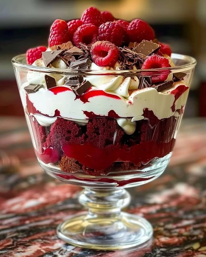 Delicious Red Velvet Cheesecake Trifle with layers of cream and cake