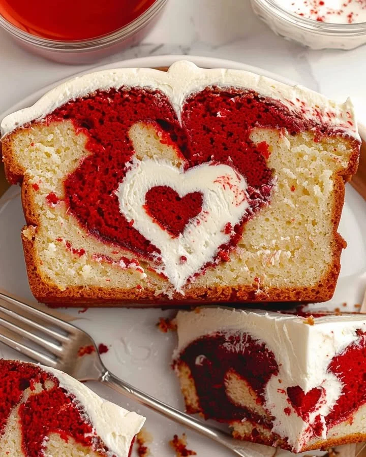 Delicious slice of Red Velvet Loaf Cake with cream cheese frosting on top
