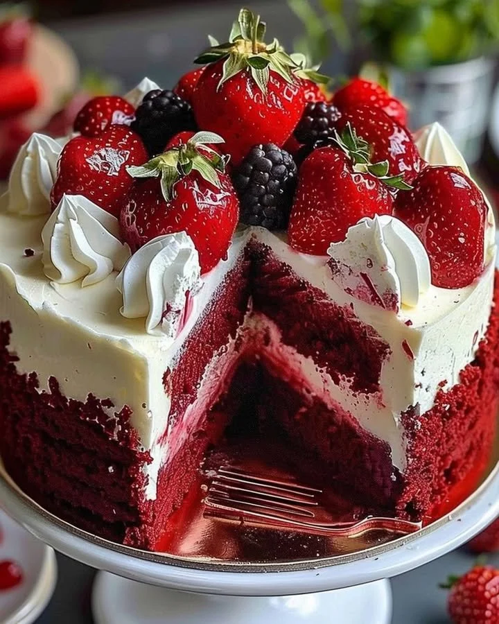 A delicious red velvet strawberry cheesecake topped with fresh strawberries