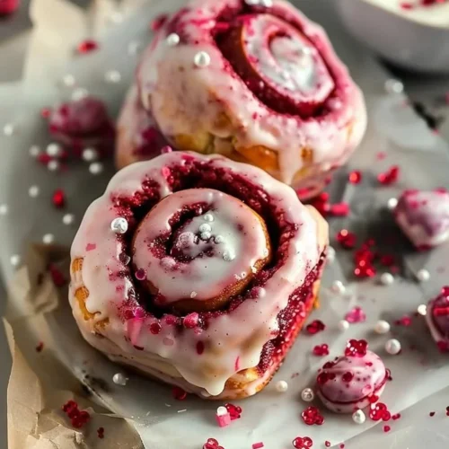 Freshly baked red velvet cinnamon rolls drizzled with cream cheese frosting