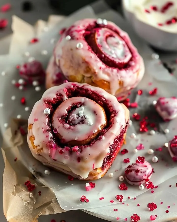 Freshly baked red velvet cinnamon rolls drizzled with cream cheese frosting