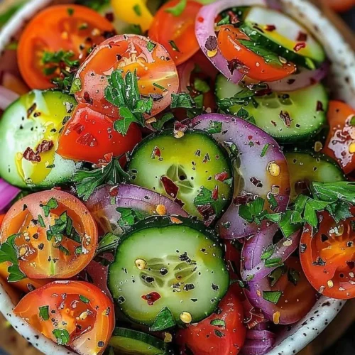 Colorful and fresh summer garden salad with assorted vegetables and greens.