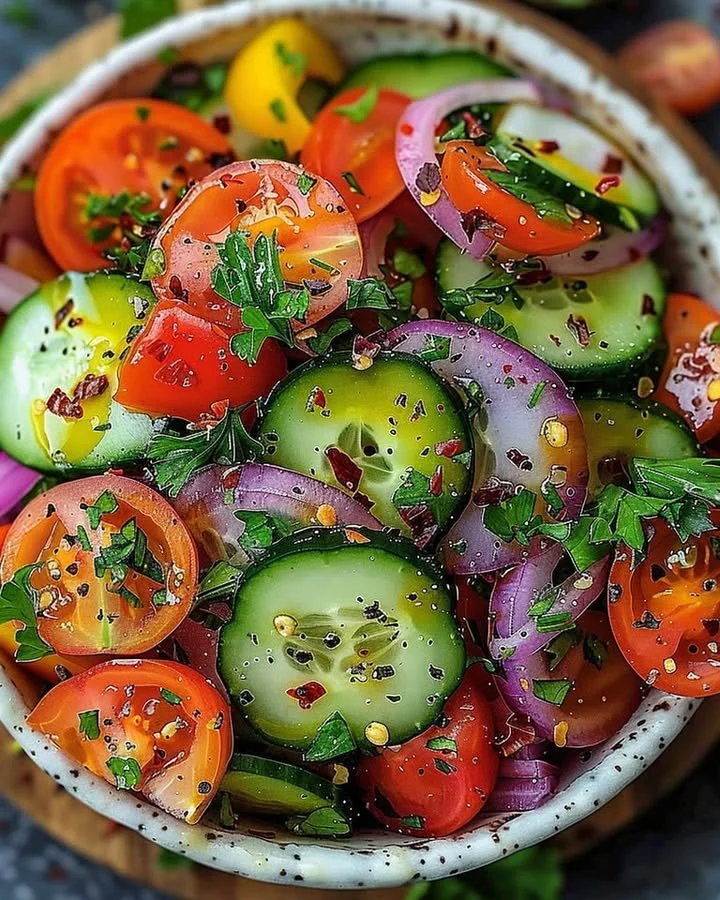 Colorful and fresh summer garden salad with assorted vegetables and greens.
