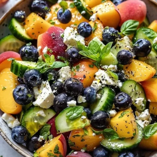 Refreshing summer medley featuring blueberries and peaches in a colorful bowl