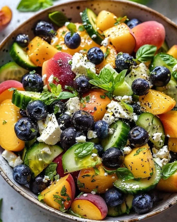 Refreshing summer medley featuring blueberries and peaches in a colorful bowl