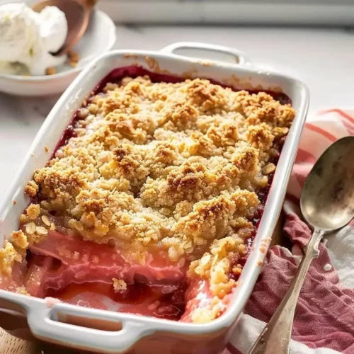 Homemade rhubarb crumble served in a rustic bowl with a scoop of ice cream