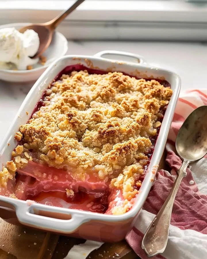 Homemade rhubarb crumble served in a rustic bowl with a scoop of ice cream