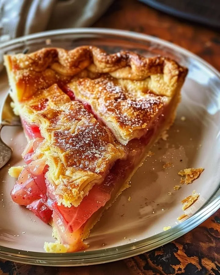 Delicious rhubarb custard pie served on a rustic wooden table