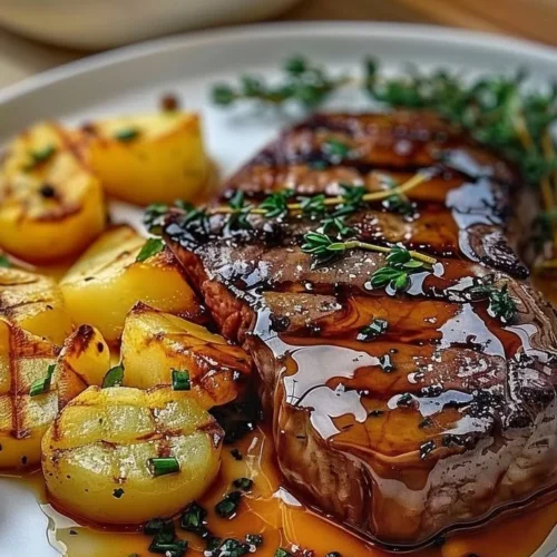 Juicy ribeye steak served with cheesy scalloped potatoes on a plate.