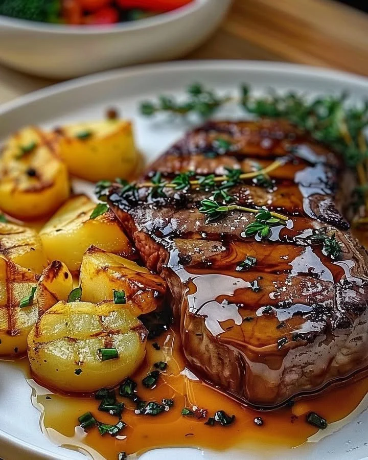 Juicy ribeye steak served with cheesy scalloped potatoes on a plate.