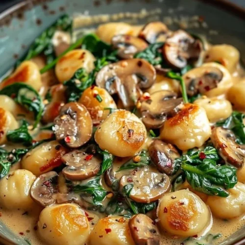 Creamy spinach mushroom gnocchi topped with fresh herbs in a bowl