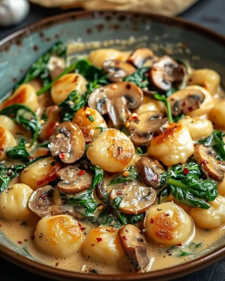 Creamy spinach mushroom gnocchi topped with fresh herbs in a bowl