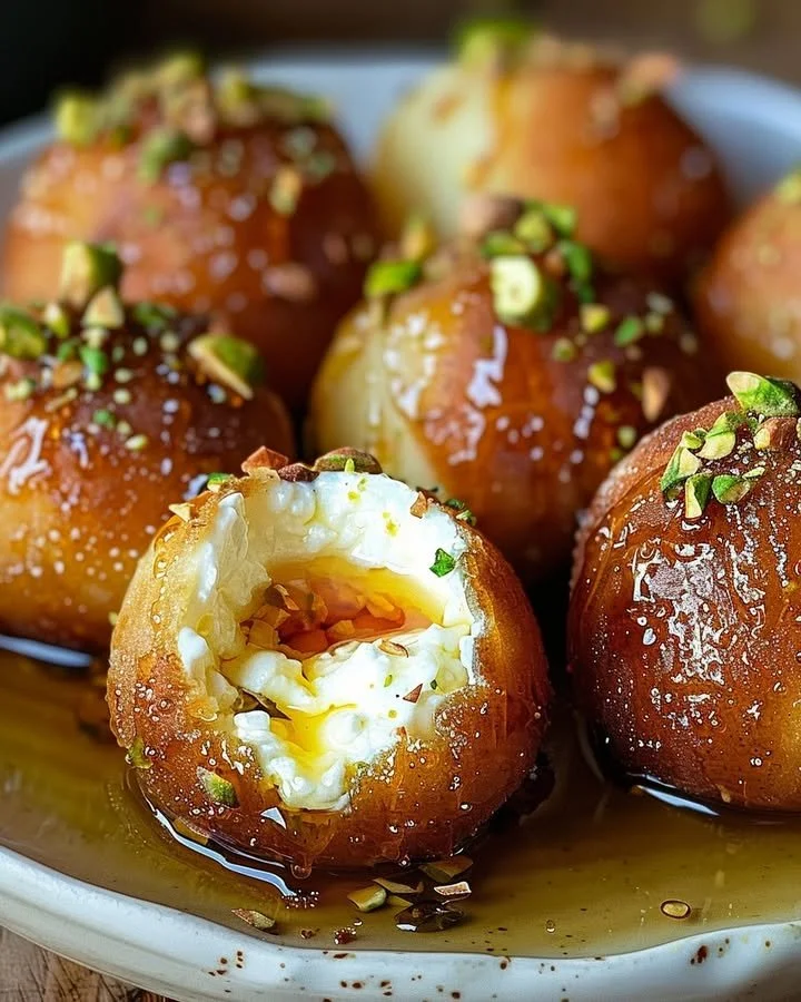 Delicious ricotta pistachio honey bites served on a platter