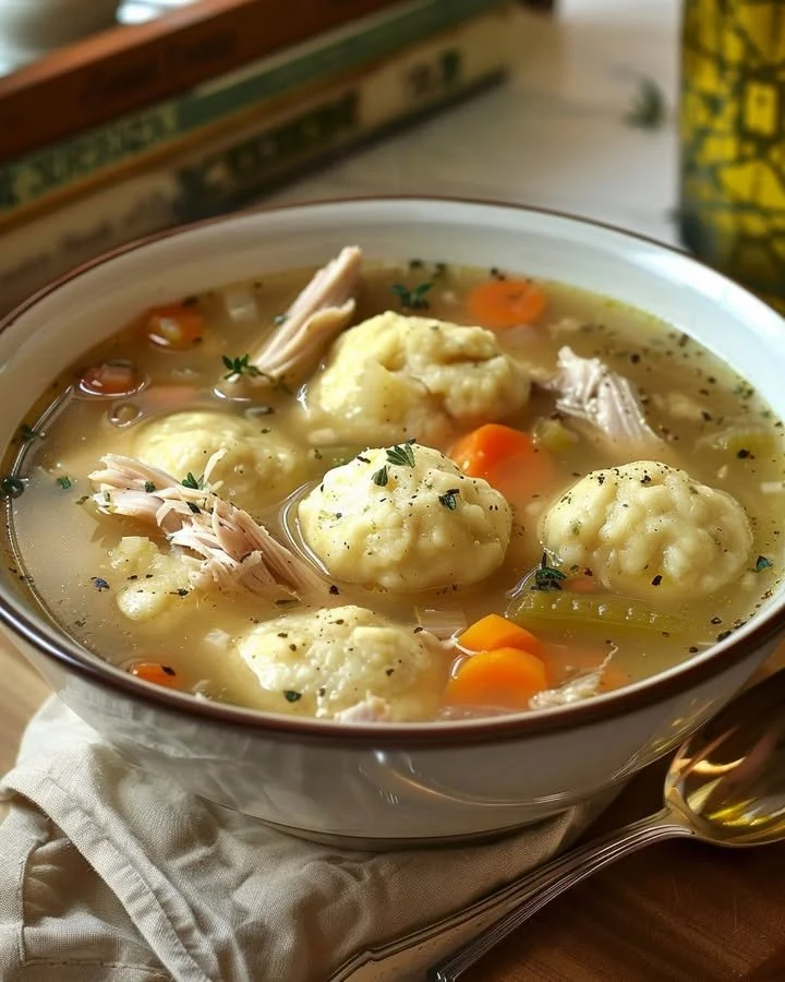 Delicious roast turkey served with herbed dumpling stew in a warm bowl.