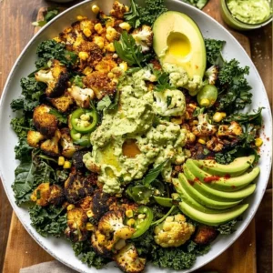 Roasted blackened cauliflower salad with mixed vegetables and a vibrant dressing.
