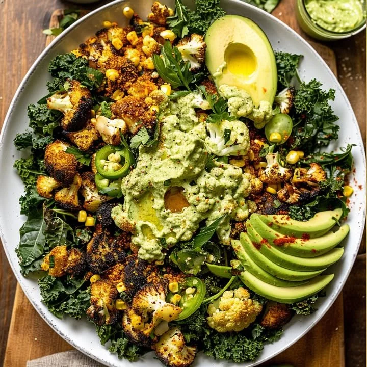 Roasted blackened cauliflower salad with mixed vegetables and a vibrant dressing.