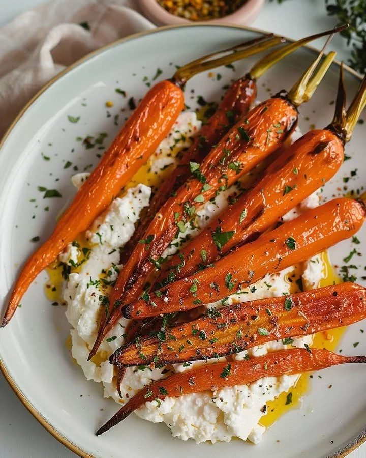 Roasted carrots topped with whipped feta cheese on a serving plate