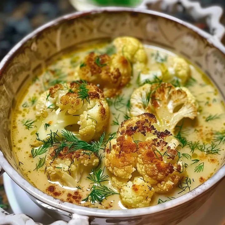 Bowl of roasted cauliflower and dill soup garnished with fresh herbs