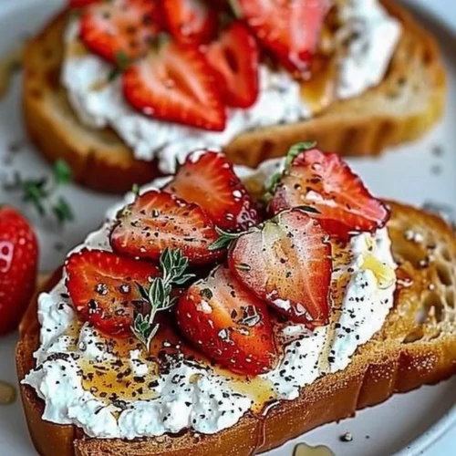 Roasted strawberry whipped ricotta toast topped with fresh strawberries and mint.