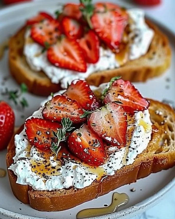 Roasted strawberry whipped ricotta toast topped with fresh strawberries and mint.