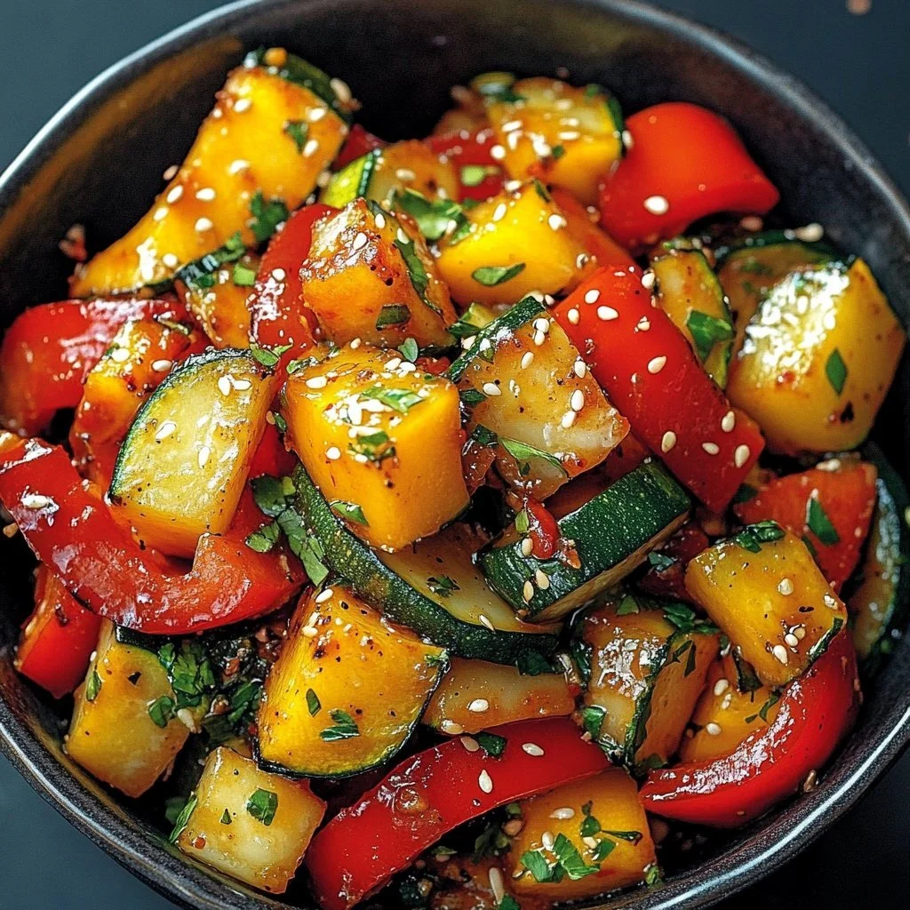 A colorful bowl of roasted vegetable quinoa with vibrant vegetables and herbs.