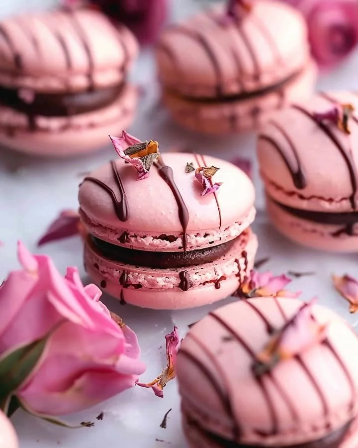 Rose infused dark chocolate macarons in an elegant presentation