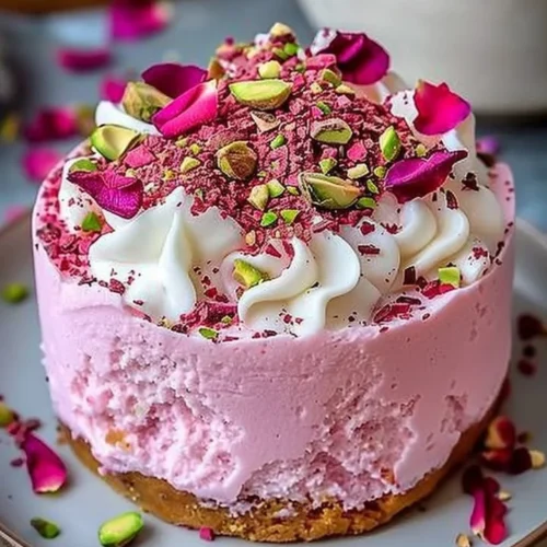 Delicious homemade rose milk cake topped with rose petals and creamy frosting.