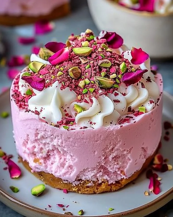 Delicious homemade rose milk cake topped with rose petals and creamy frosting.