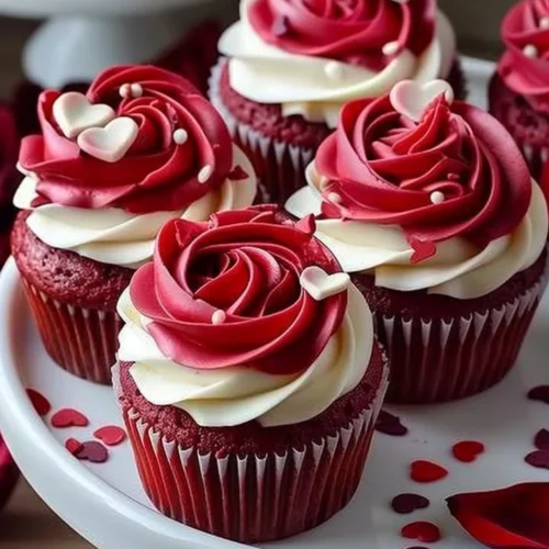 Delicious rose red velvet cupcakes with creamy frosting
