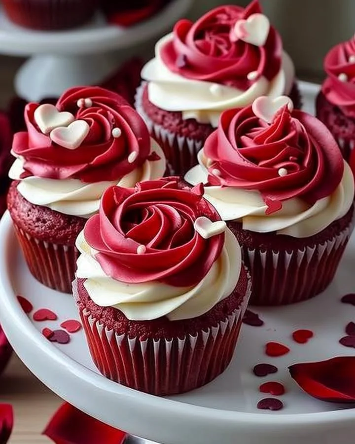 Delicious rose red velvet cupcakes with creamy frosting