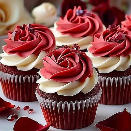 Rose Red Velvet Cupcakes with cream cheese frosting and decorative rose petals