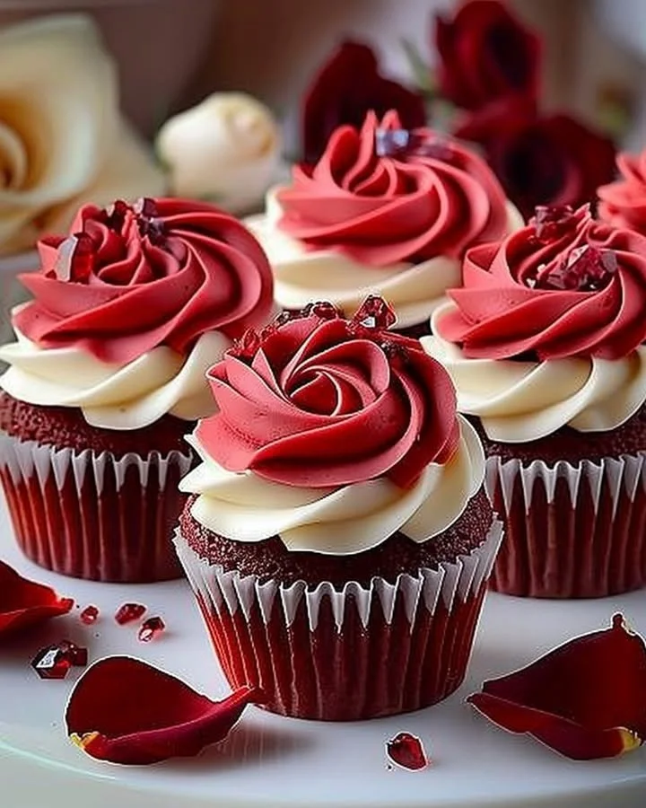 Rose Red Velvet Cupcakes with cream cheese frosting and decorative rose petals