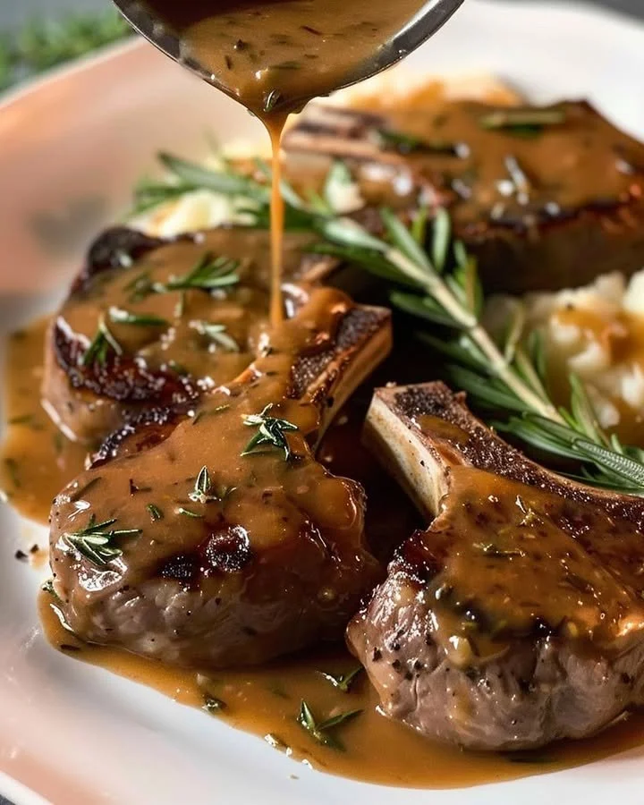 Delicious rosemary lamb chops with homemade gravy on a plate