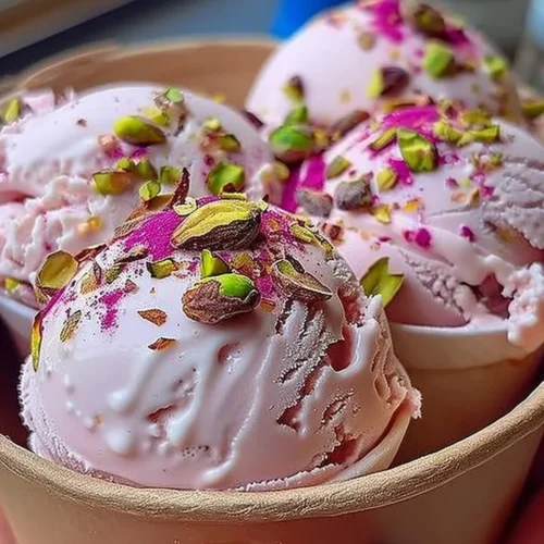 A scoop of Rosewater Pistachio Delight Gelato in a waffle cone, adorned with pistachios.
