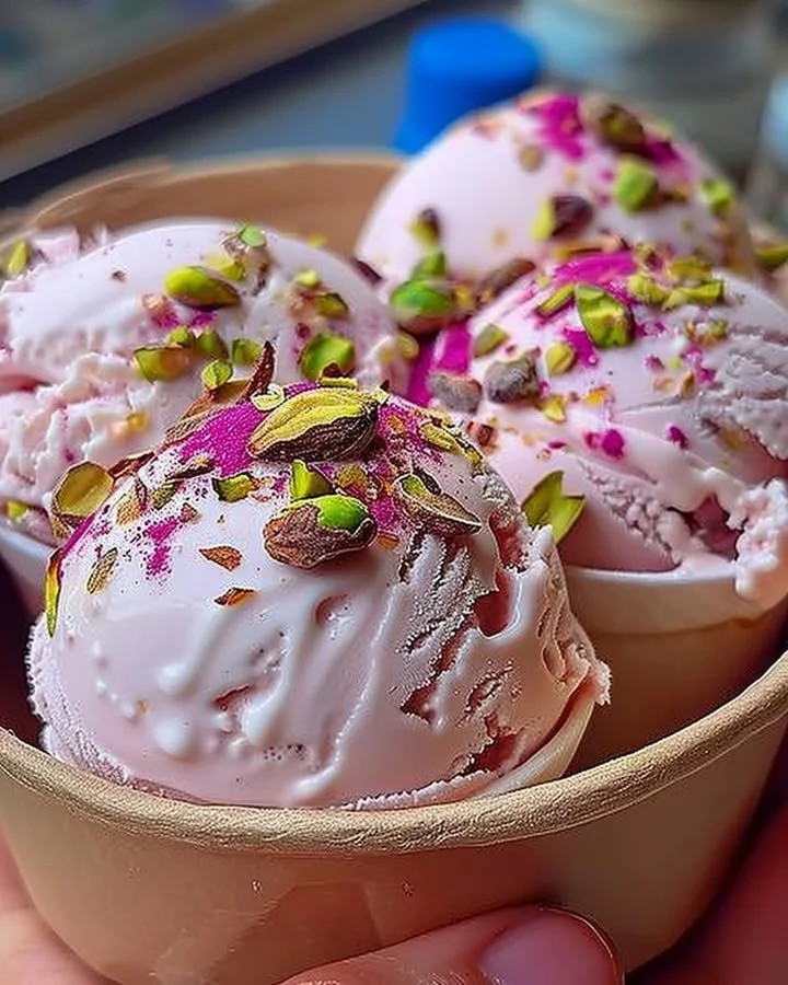 A scoop of Rosewater Pistachio Delight Gelato in a waffle cone, adorned with pistachios.