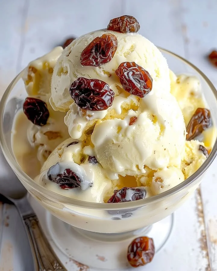 Delicious bowl of rum raisin ice cream topped with raisins