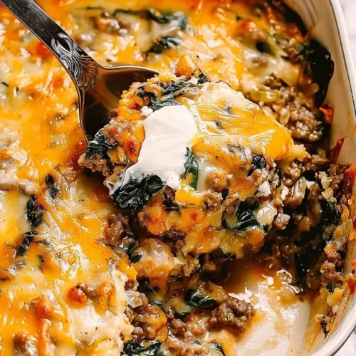 Rustic Italian Beef and Spinach Bake served in a dish