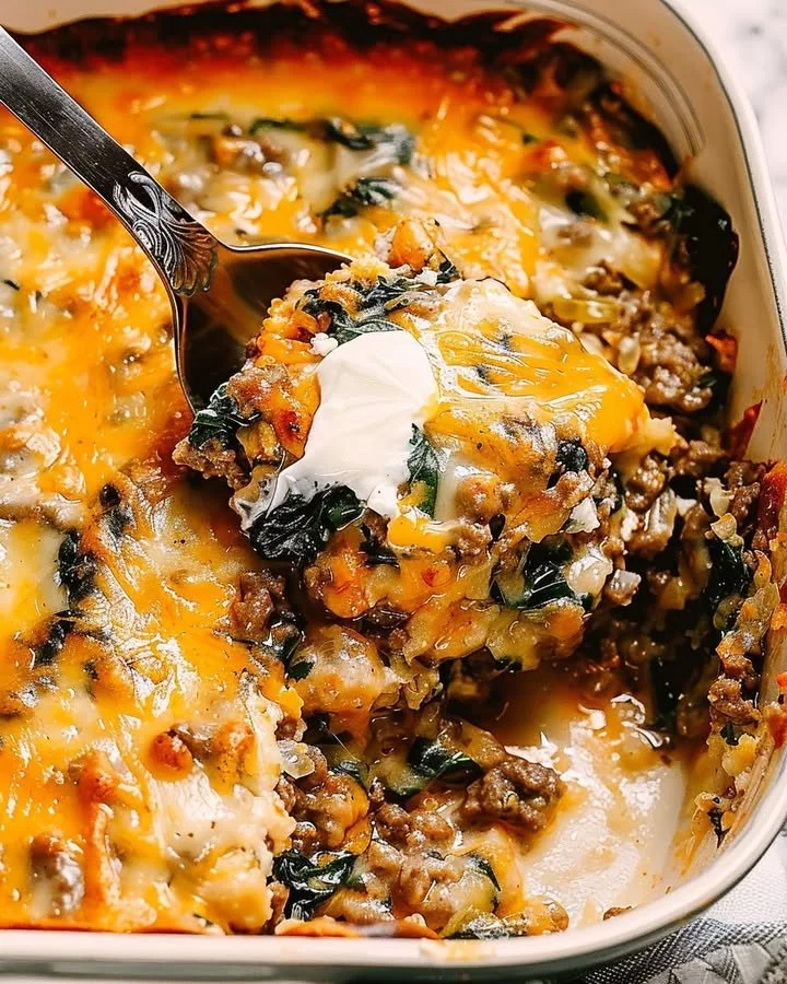 Rustic Italian Beef and Spinach Bake served in a dish