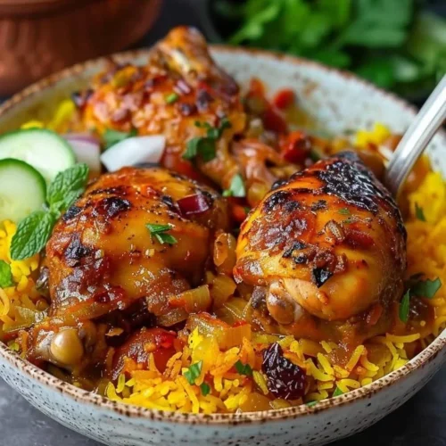 Saffron chicken served with aromatic barberry rice dish