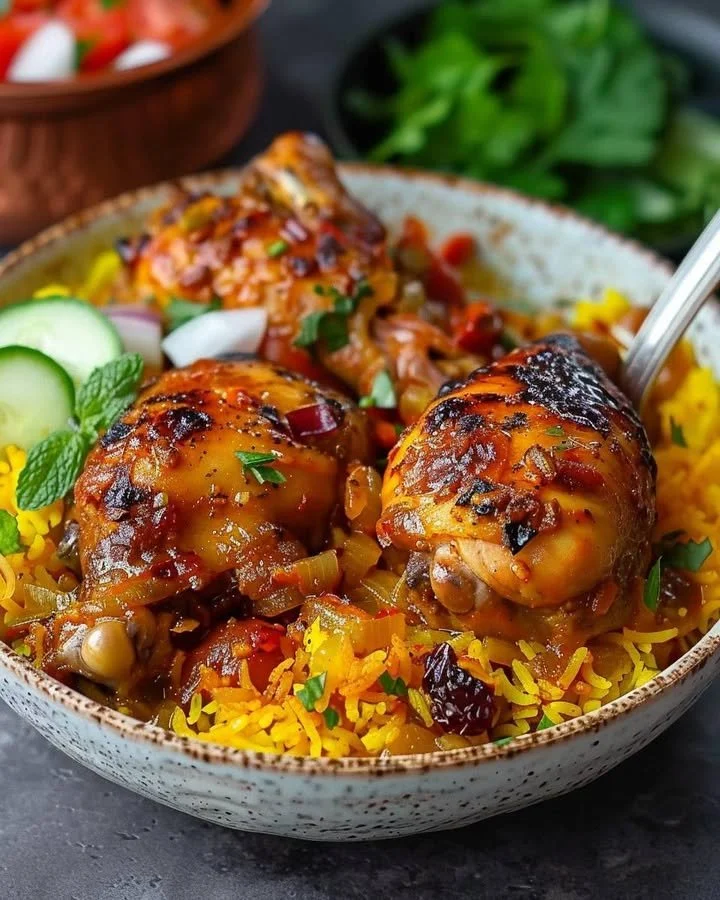 Saffron chicken served with aromatic barberry rice dish